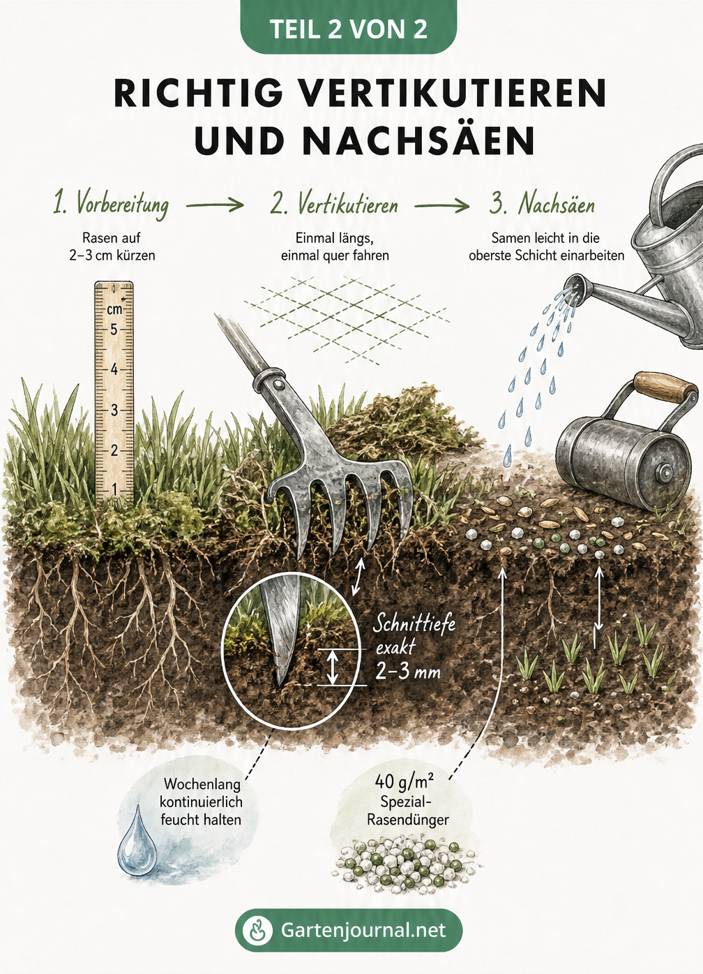 Querschnitt eines Rasens, der die Schritte Vorbereitung durch Mähen, Vertikutieren mit 2-3 mm Schnitttiefe und Nachsäen mit Dünger und Bewässerung zeigt.