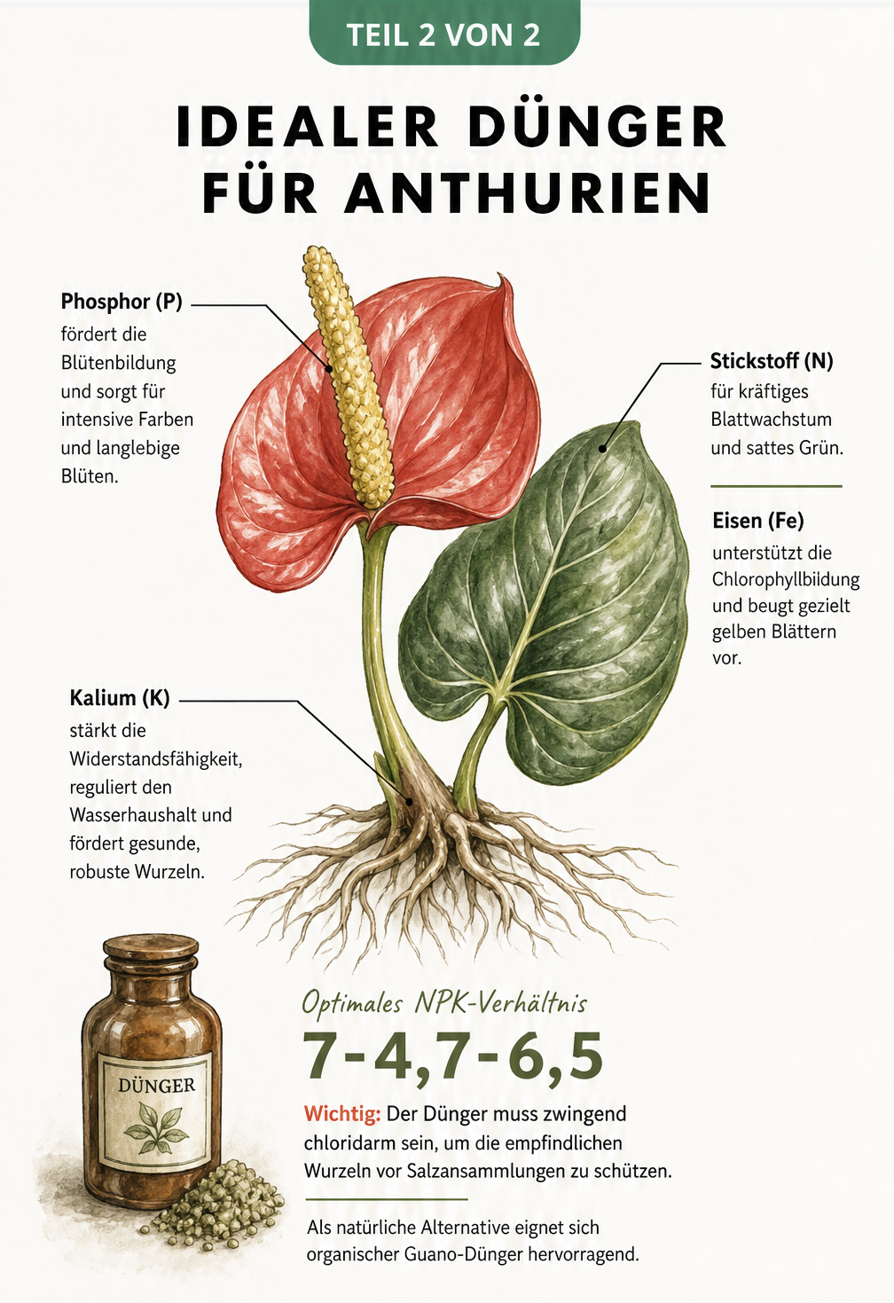 Detailzeichnung einer Anthurien-Blüte und Blätter mit Erklärungen zum idealen NPK-Verhältnis und Nährstoffen.