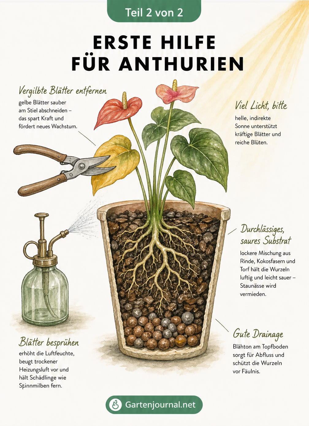 Querschnitt eines Pflanztopfes mit Anthurie, der Erste-Hilfe-Maßnahmen wie Drainage, saures Substrat, das Abschneiden gelber Blätter und das Besprühen mit...