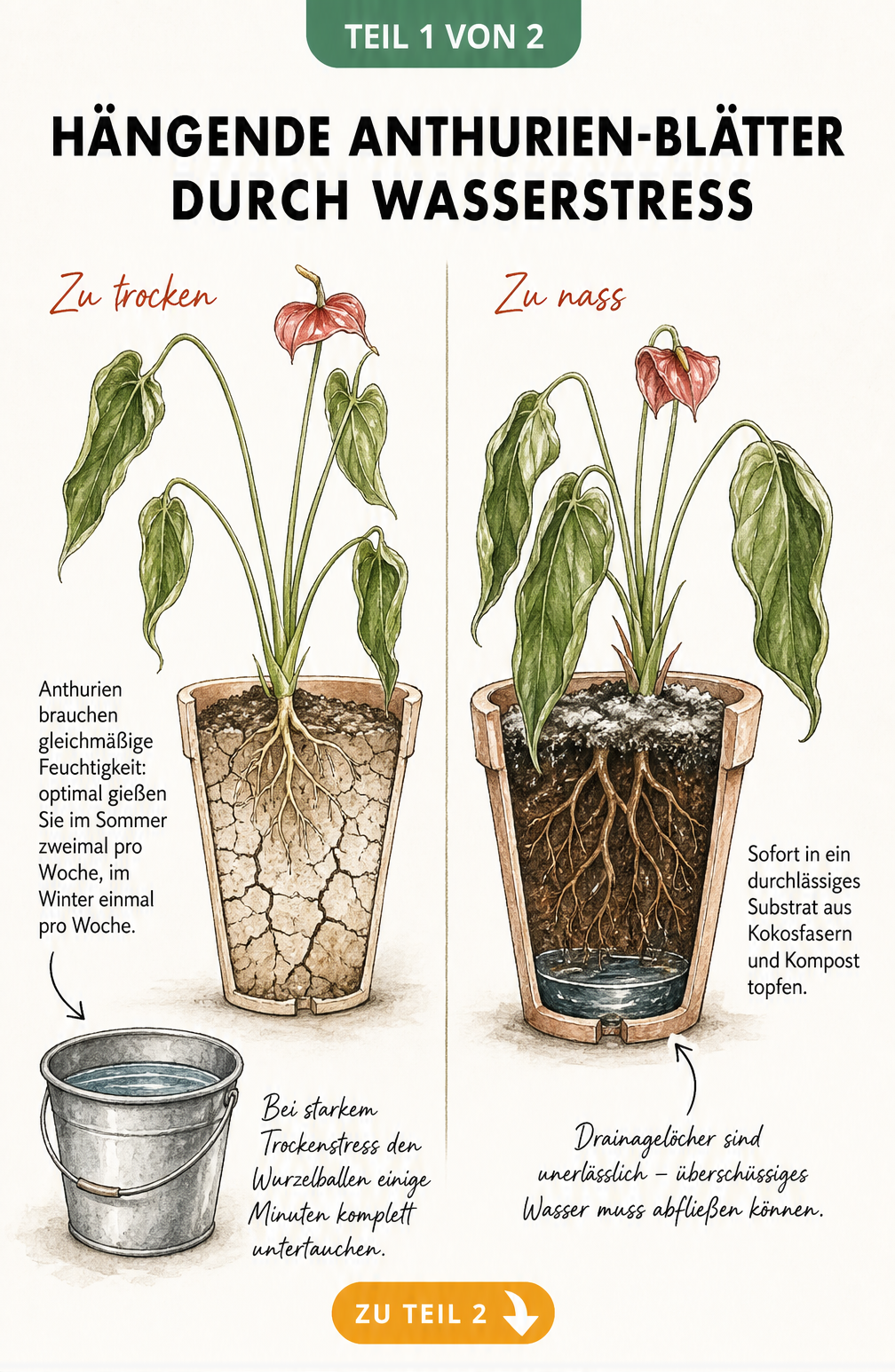 Botanische Illustration einer Anthurie im Querschnitt, die bei Trockenheit und Staunässe hängende Blätter zeigt.