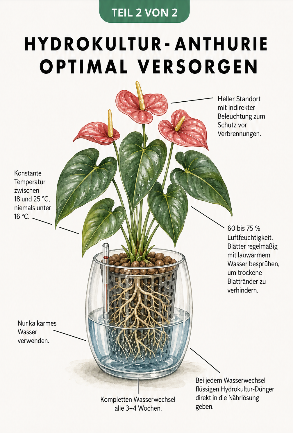 Illustration einer gesunden Anthurie im Hydrokultur-Gefäß mit Hinweisen zu Licht, Temperatur, Luftfeuchtigkeit und Nährstoffversorgung.