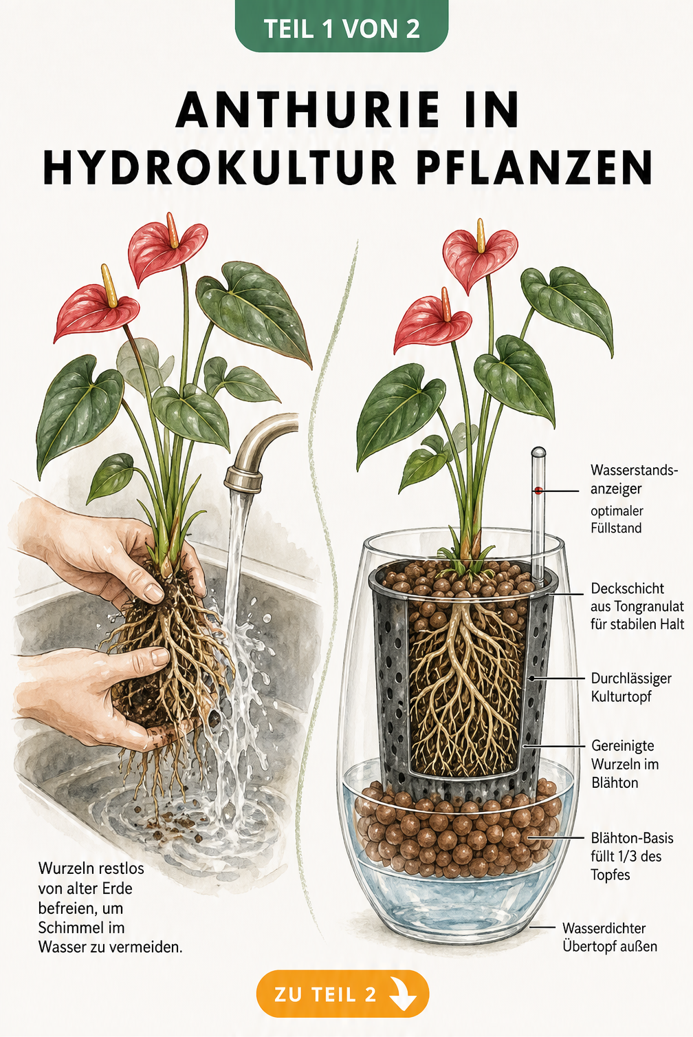 Illustration einer Anthurie, deren Wurzeln unter fließendem Wasser von Erde befreit werden, daneben ein Querschnitt eines Hydrokultur-Gefäßes mit Blähton und...