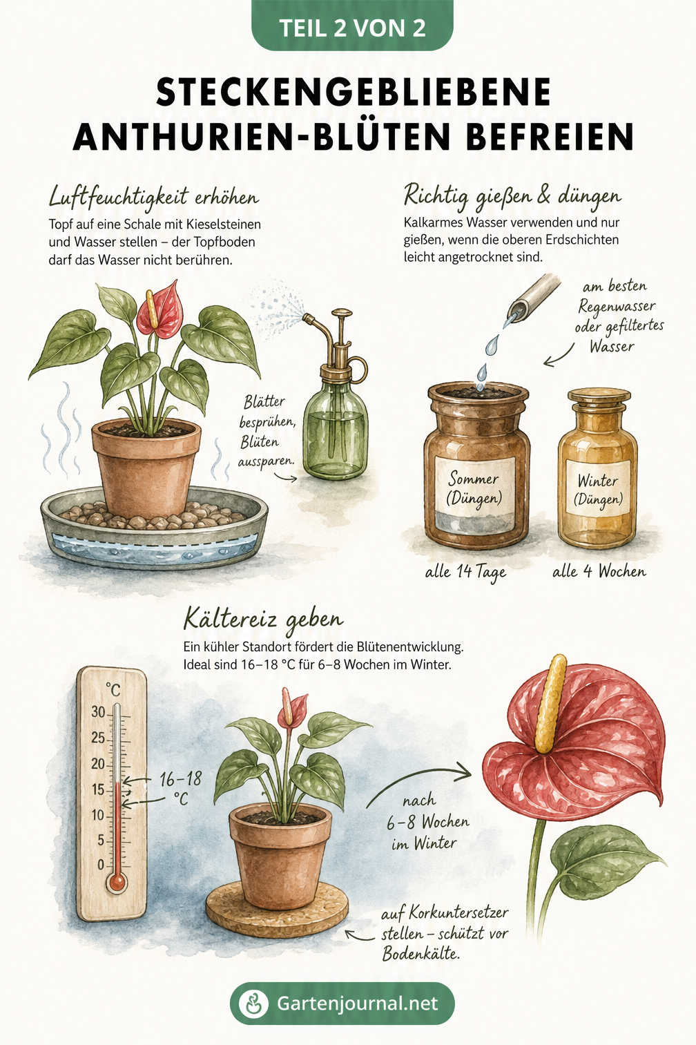 Illustration zur Pflege von Anthurien mit Tipps zu Luftfeuchtigkeit, Gießen, Düngen und Kältereiz für die Blütenbildung