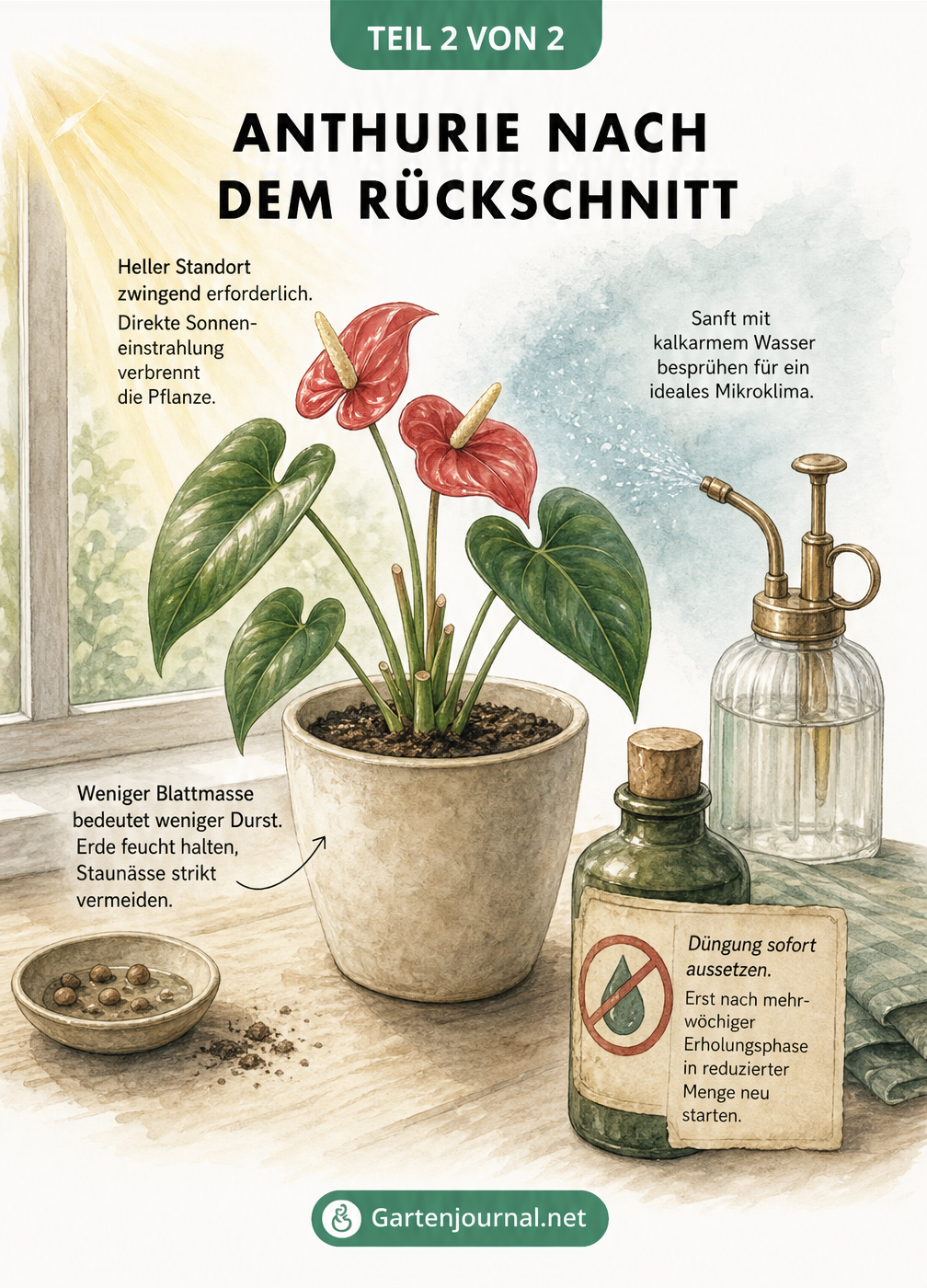 Illustration einer Anthurie auf der Fensterbank mit Tipps zu Licht, Wasser und Dünger nach dem Rückschnitt