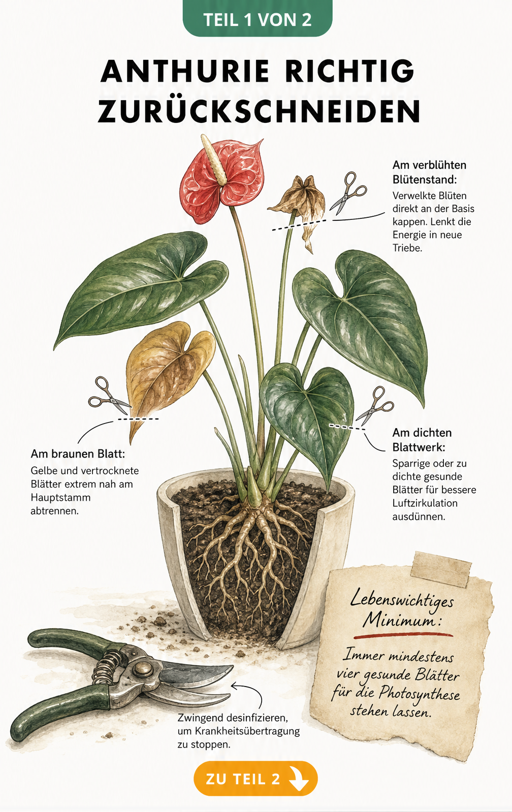 Illustration einer Anthurie mit Markierungen zum richtigen Abschneiden von verblühten Blüten und braunen Blättern