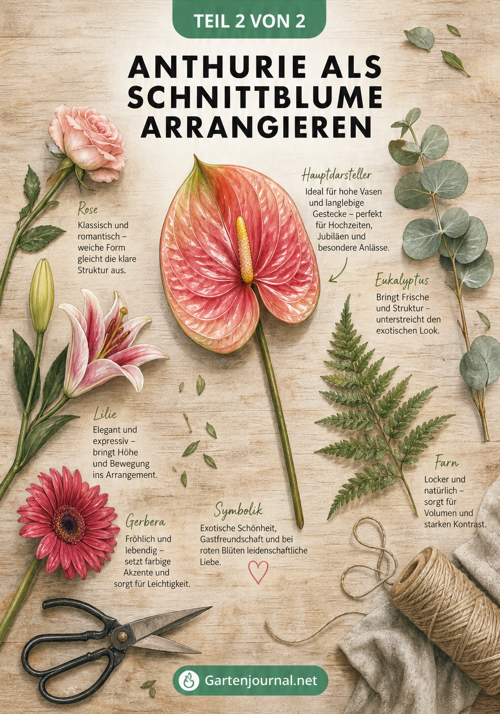 Florales Arrangement mit einer roten Anthurie, Rosen, Lilien, Gerbera, Eukalyptus und Farn auf einem Holztisch