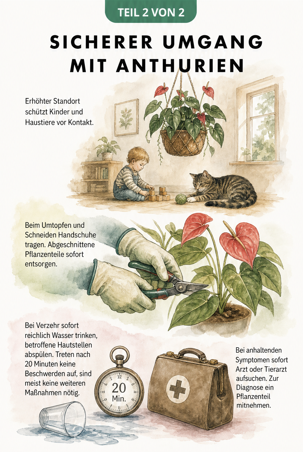 Aquarell-Zeichnung zum sicheren Umgang mit Anthurien, inklusive Erste-Hilfe-Tipps bei Vergiftungen