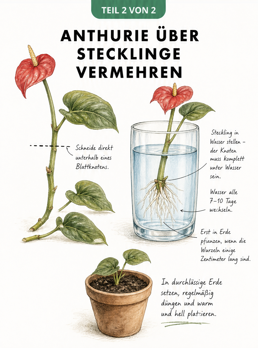 Zeichnung eines Anthurien-Stecklings, der unterhalb eines Blattknotens abgeschnitten wurde, und eines Wasserglases, in dem der Steckling neue Wurzeln bildet.