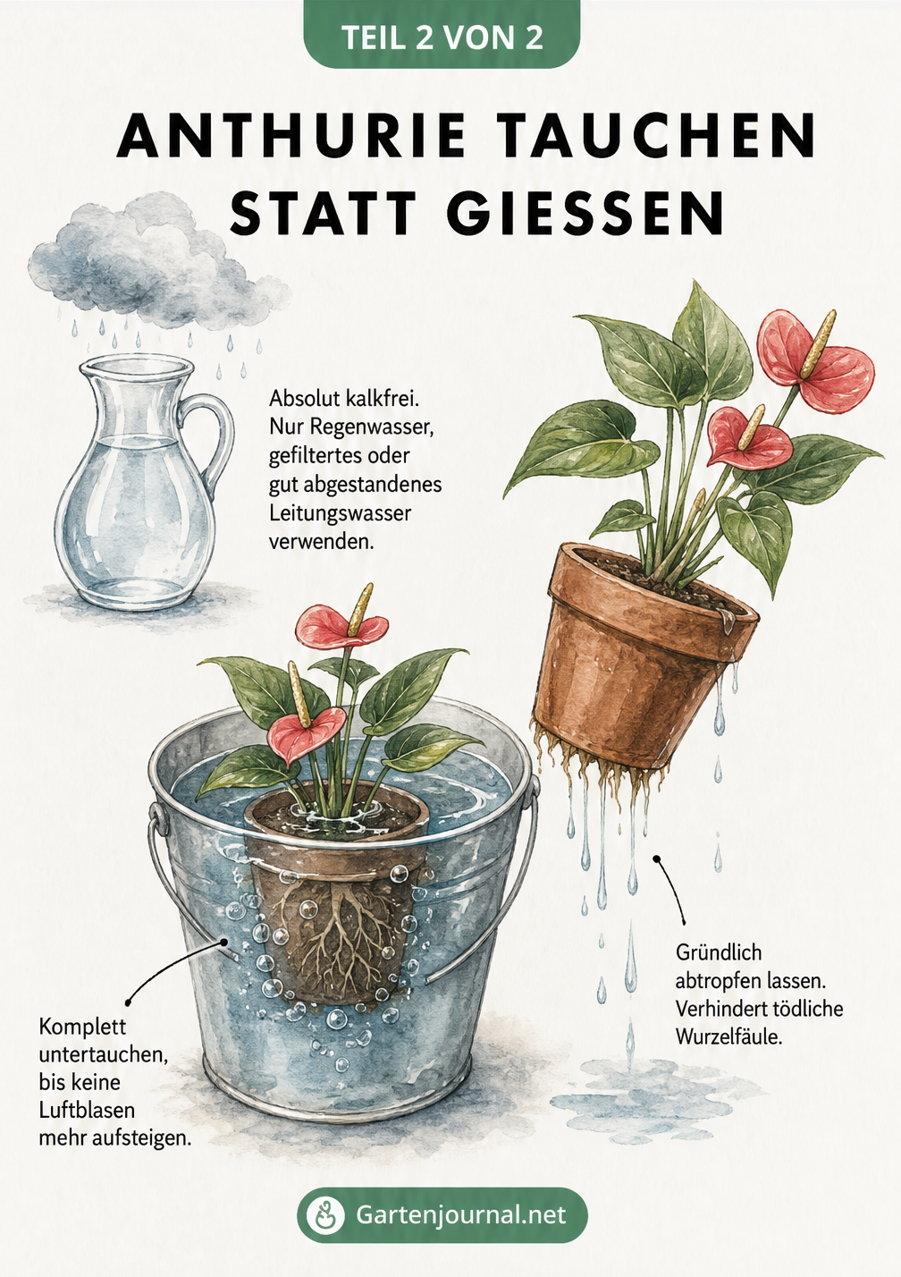 Illustration eines Pflanztopfes, der in einen Eimer mit Wasser getaucht wird, bis keine Luftblasen mehr aufsteigen.