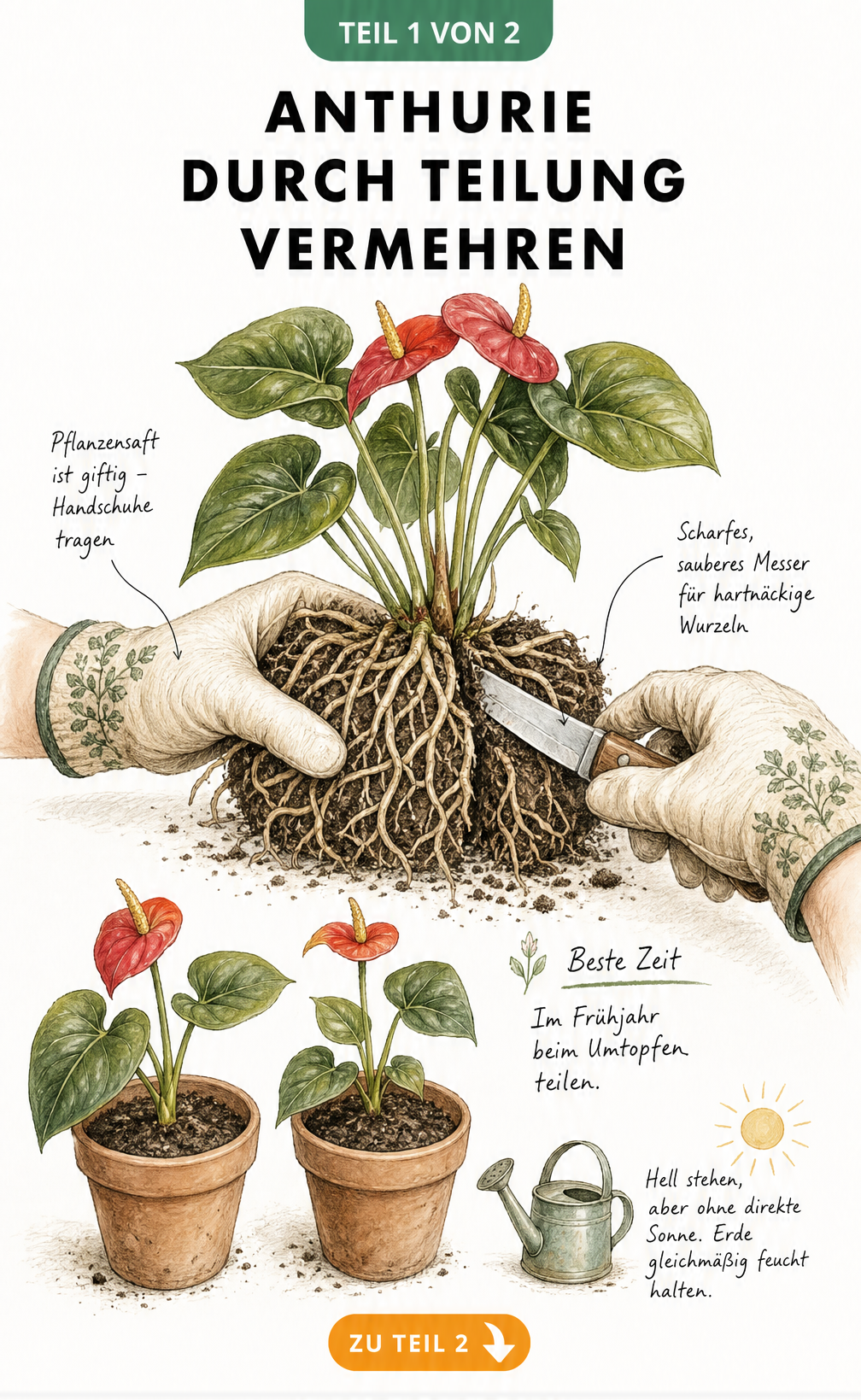 Illustration eines Anthurien-Wurzelballens, der mit den Händen geteilt wird, daneben ein Gärtnermesser und zwei neu bepflanzte Tontöpfe.