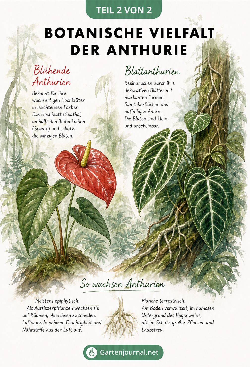 Gegenüberstellung von blühenden Anthurien und Blattanthurien im Regenwald-Design