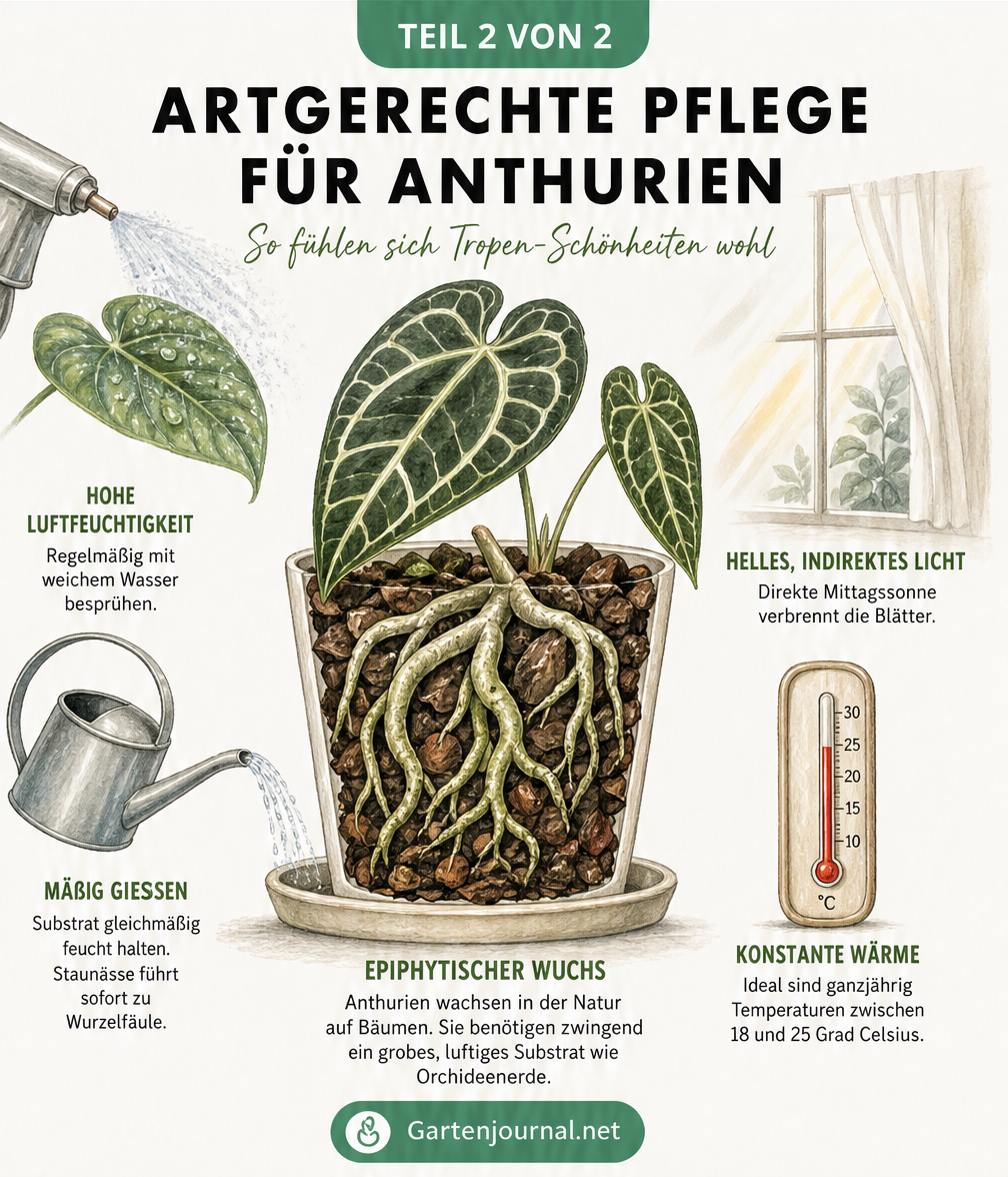 Querschnitt eines Pflanztopfes zeigt epiphytisches Wurzelwerk einer Anthurie in grobem Substrat mit Pflegetipps