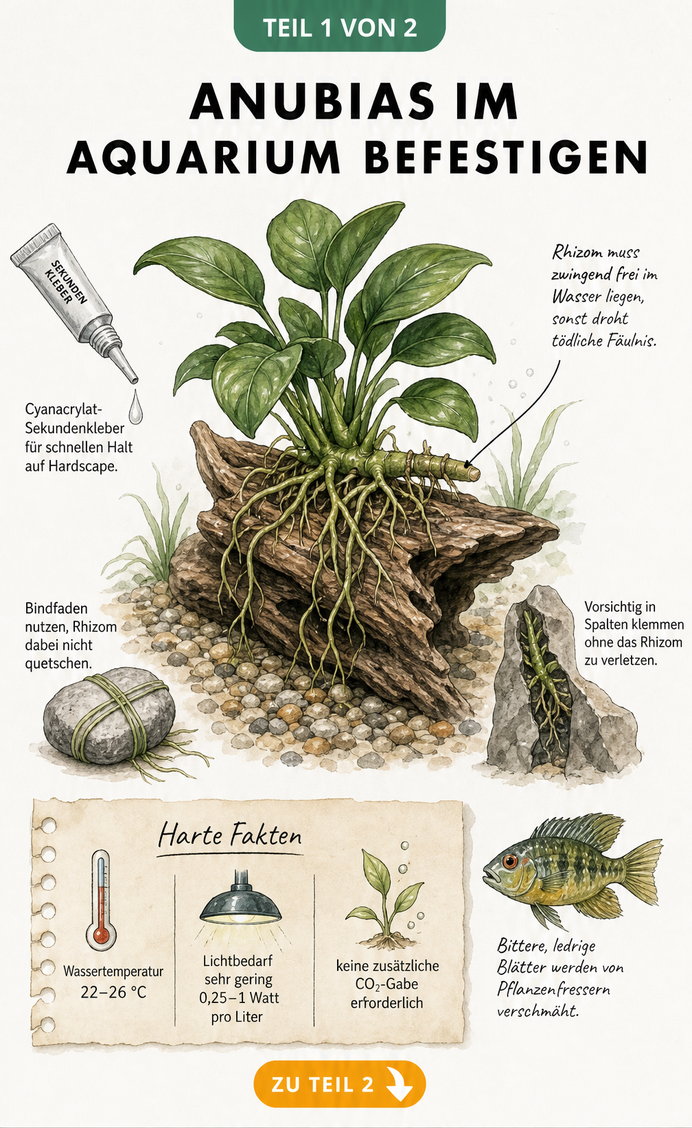 Botanische Skizze einer Anubias-Pflanze auf Treibholz mit Details zur Befestigung im Aquarium