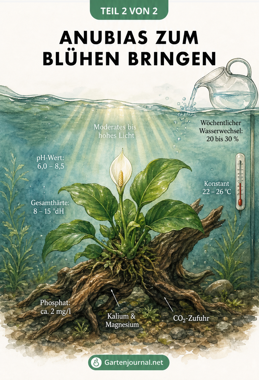 Querschnitt eines Aquariums mit blühender Anubias und Pflegehinweisen