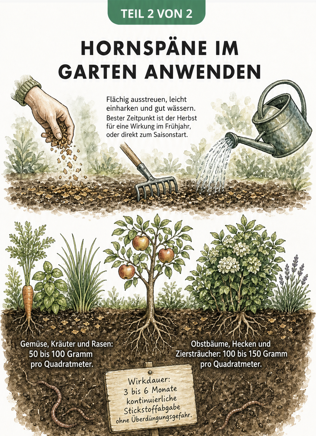 Gezeichnete Gartenlandschaft zeigt die richtige Anwendung und Dosierung von Hornspänen bei Gemüse, Obstbäumen und Sträuchern