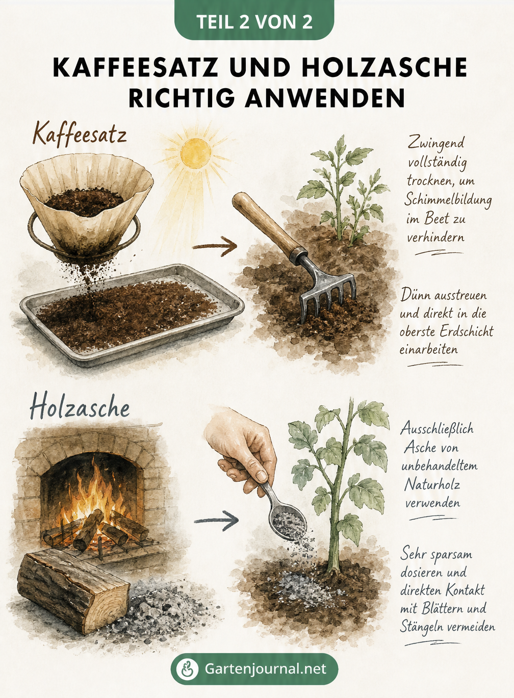 Aquarell-Skizze zur richtigen Anwendung von Kaffeesatz und Holzasche als Dünger im Garten