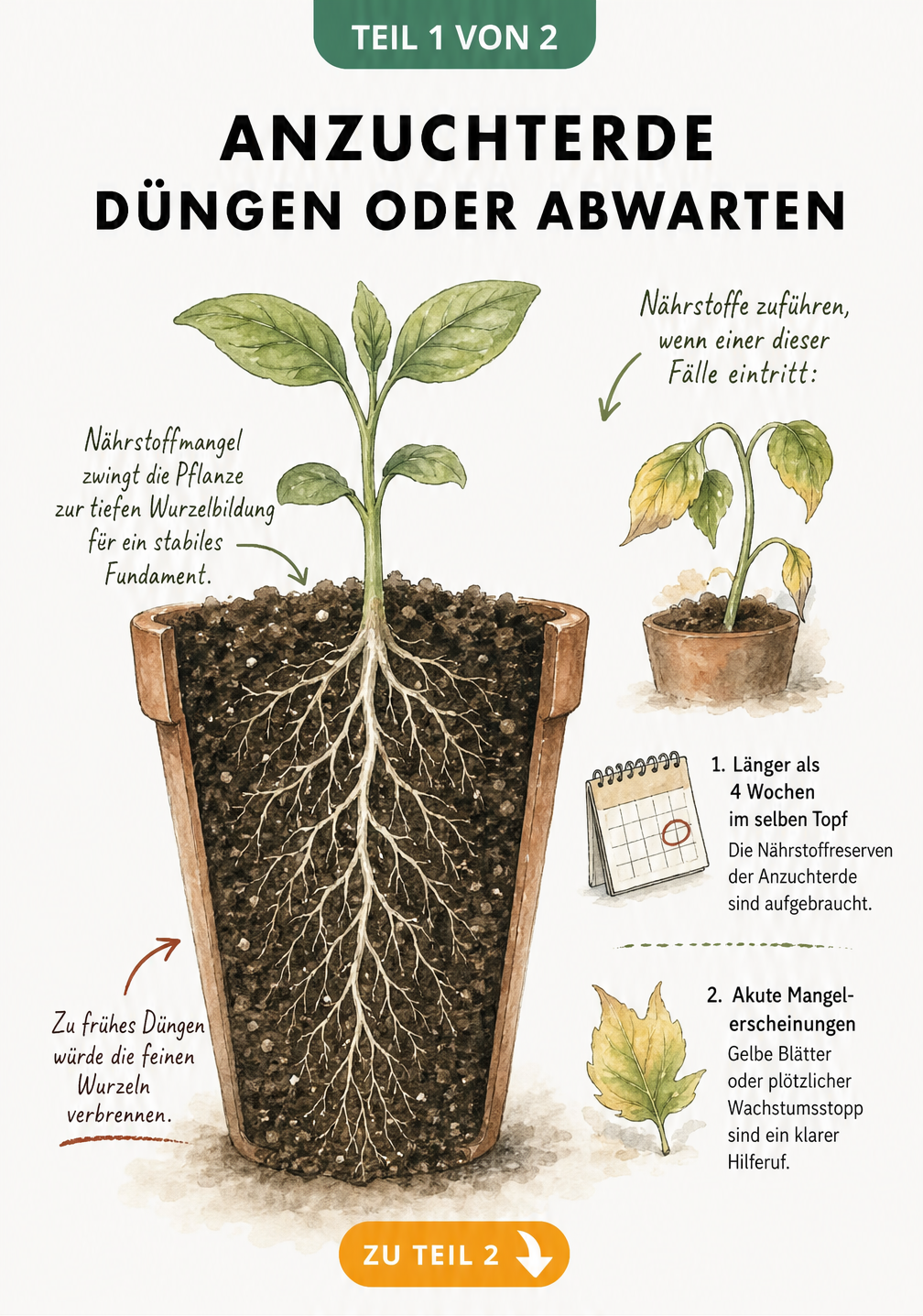 Querschnitt eines Anzuchttopfes mit einer gesunden Jungpflanze und tiefen Wurzeln, daneben eine welkende Pflanze mit gelben Blattspitzen.