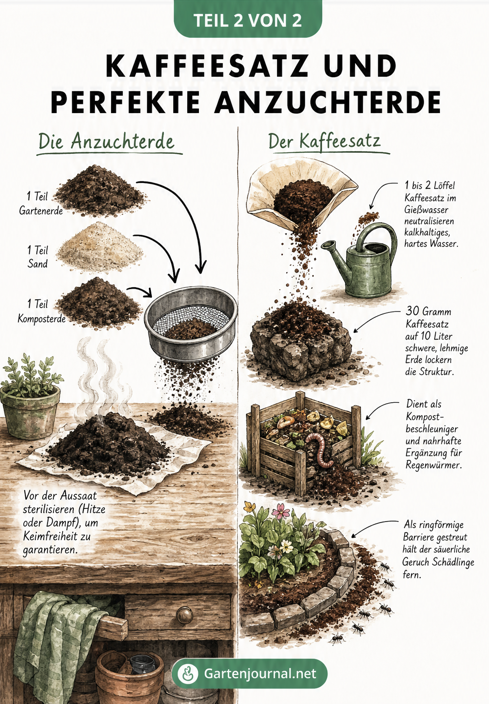 Skizze einer Gartenwerkbank, die das Mischen von Anzuchterde und die sinnvolle Verwendung von Kaffeesatz im Garten zeigt