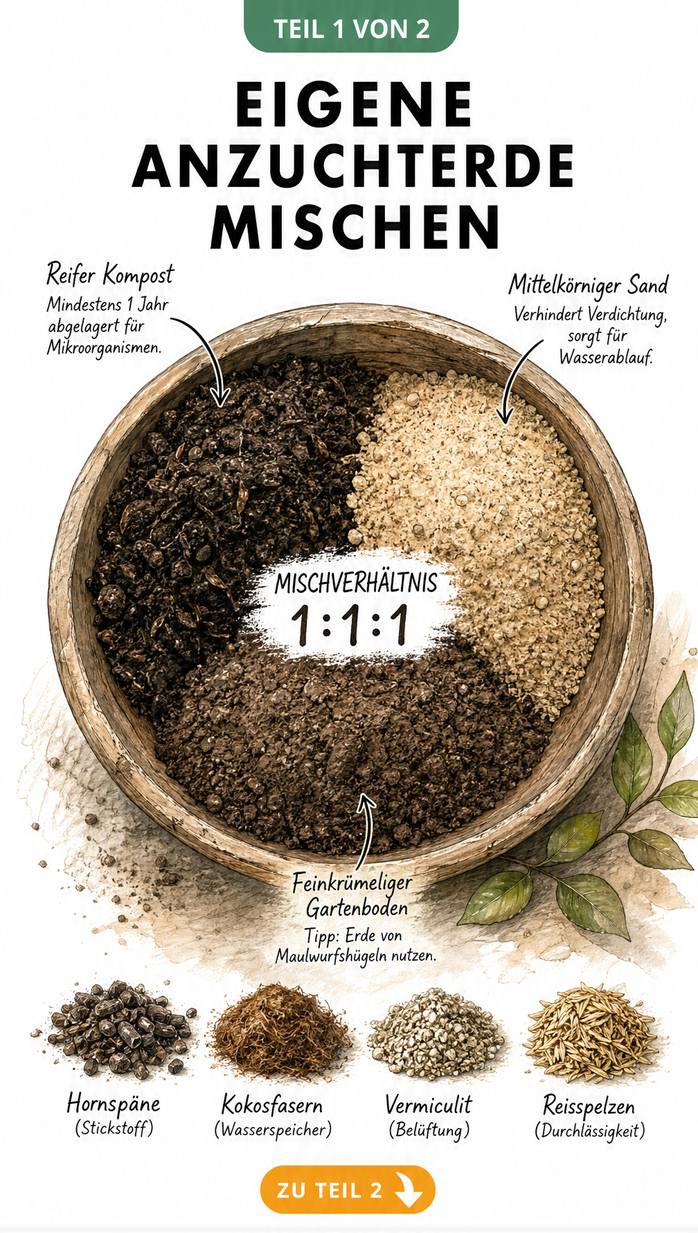 Illustration einer Holzschale mit drei Erdhaufen: reifer Kompost, mittelkörniger Sand und feinkrümeliger Gartenboden im Mischverhältnis 1:1:1.