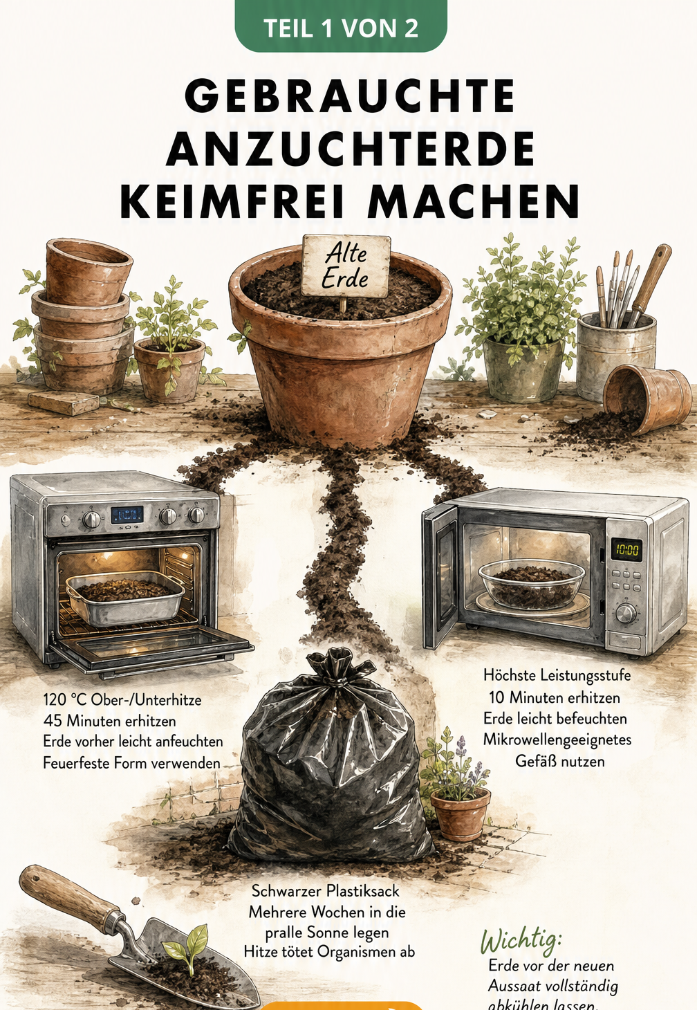 Illustration von drei Methoden, um gebrauchte Anzuchterde keimfrei zu machen: Backofen, Mikrowelle und Solarisation im schwarzen Plastiksack.