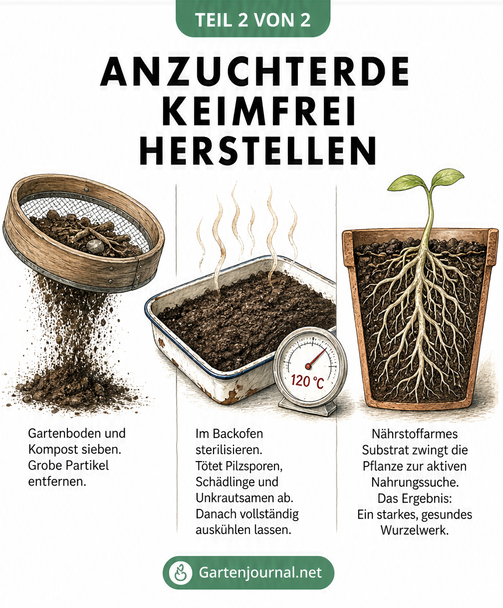 Dreigeteilte Illustration: Erde sieben, im Backofen bei 120 Grad sterilisieren und ein Keimling mit starkem Wurzelwerk in nährstoffarmem Substrat.