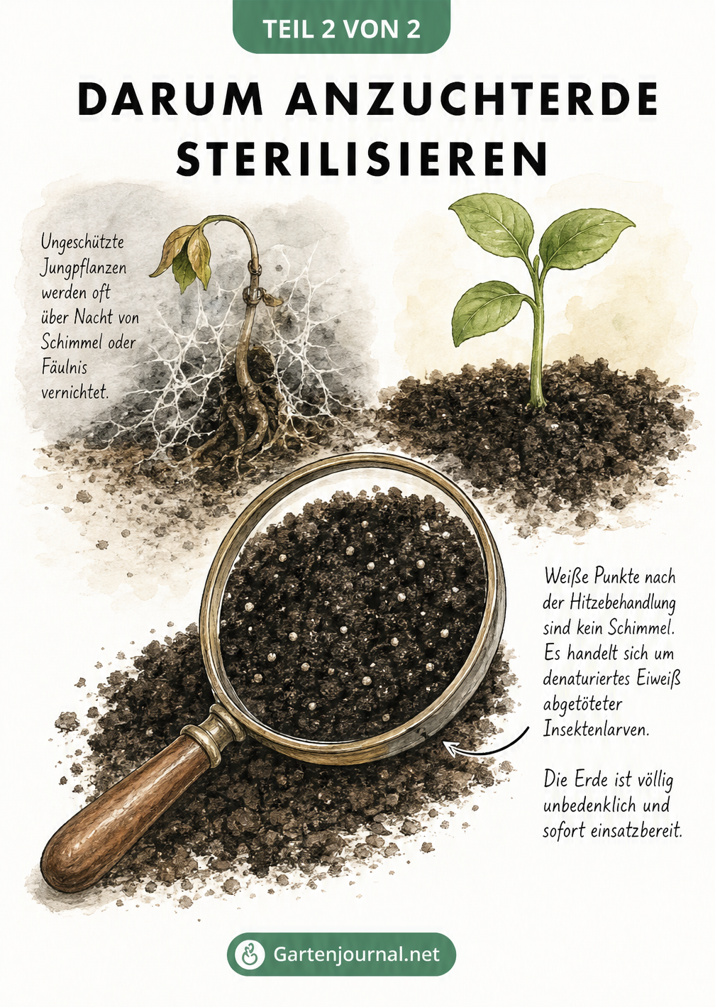 Illustration von Keimlingen und denaturiertem Eiweiß in sterilisierter Anzuchterde