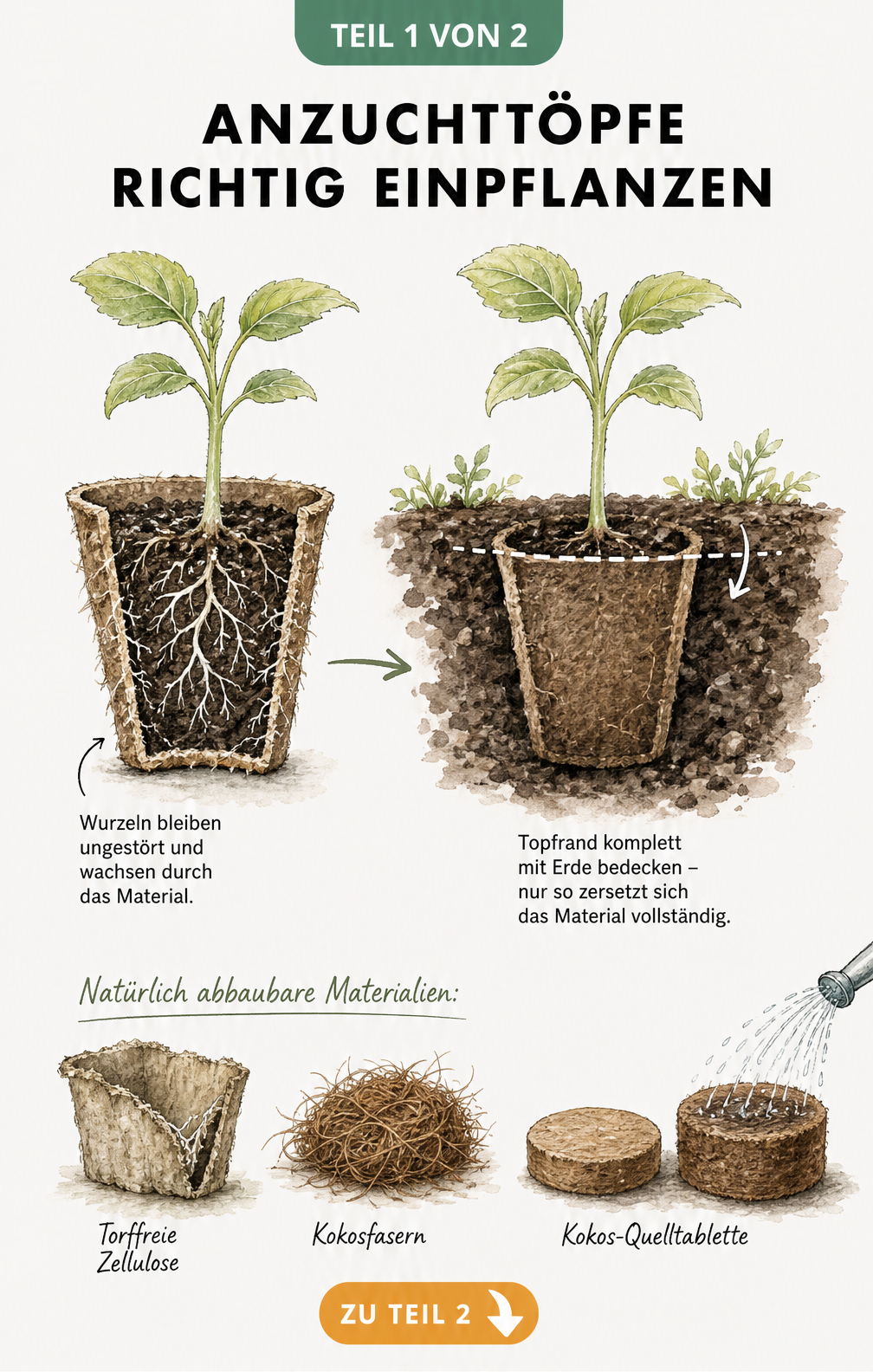 Aquarell-Zeichnung eines Anzuchttopfes im Querschnitt, der in Gartenerde eingepflanzt wird, mit Wurzeln, die durch das Material wachsen.