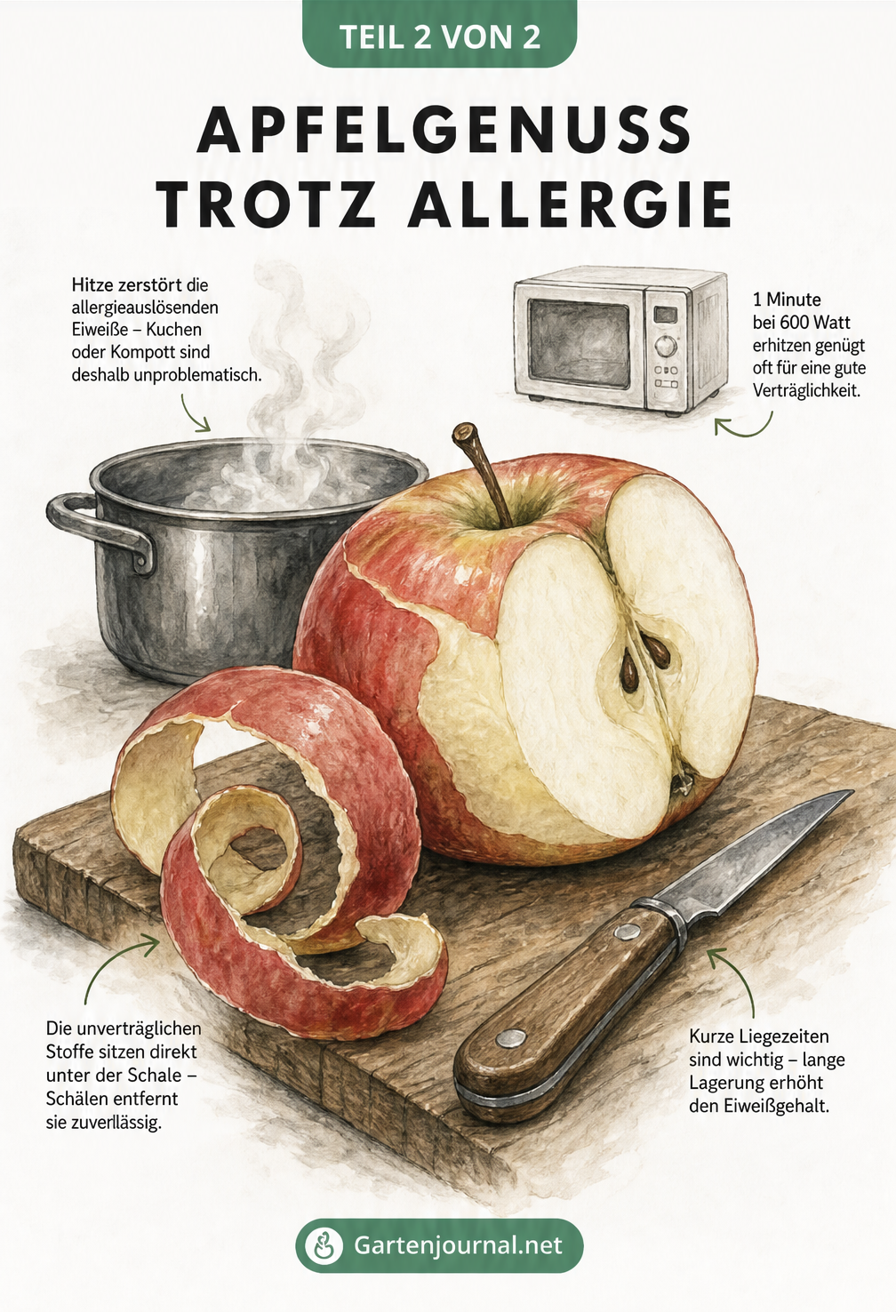 Illustration eines geschälten Apfels auf einem Schneidebrett mit Hinweisen zur Reduzierung von Allergenen durch Schälen, kurze Lagerung und Erhitzen.