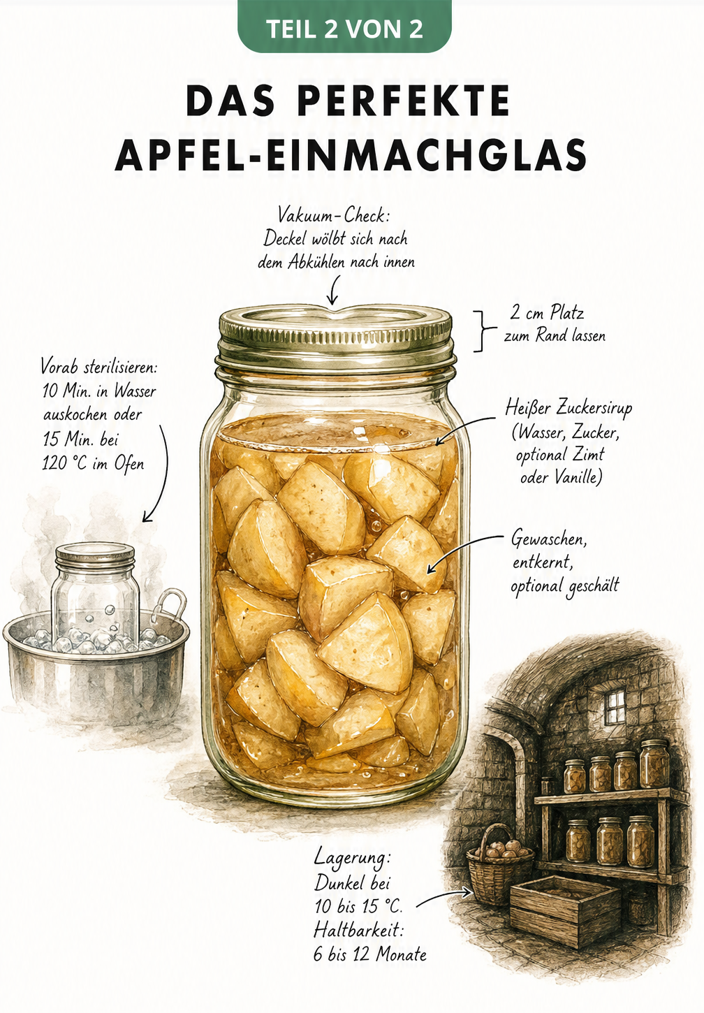 Querschnitt eines Einmachglases mit Äpfeln, Zuckersirup und Hinweisen zur Lagerung