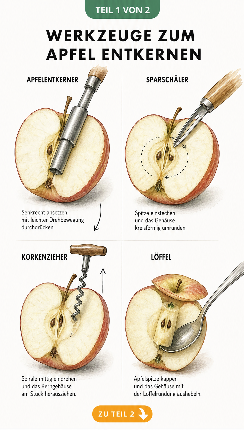 Illustration von zwei manuellen Methoden zum Entkernen eines Apfels mit Messer und Löffel
