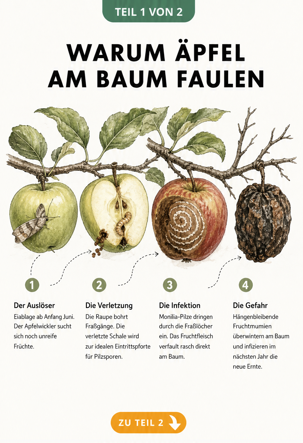 Illustration des Verfalls eines Apfels am Baum durch Apfelwickler und Monilia-Pilz in vier Stadien