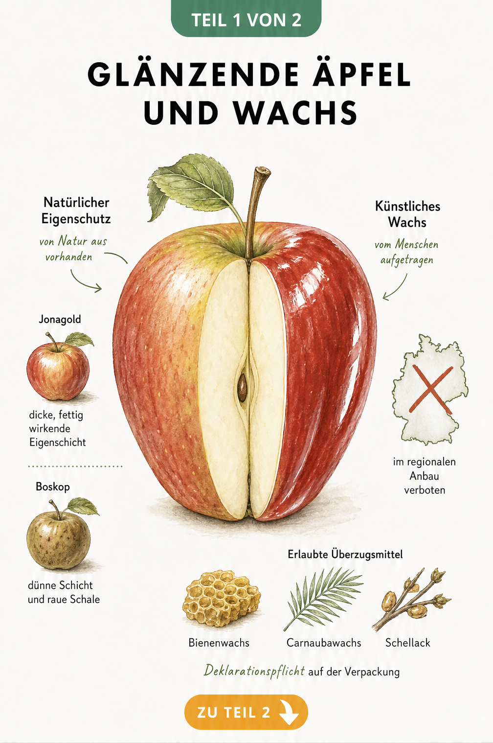 Illustration eines halbierten Apfels, der links natürlichen Eigenschutz und rechts künstliches Wachs zeigt, ergänzt durch Sortenbeispiele und erlaubte...
