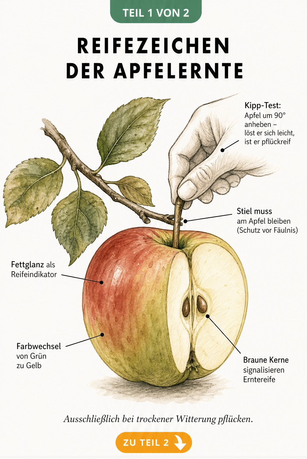 Botanische Illustration eines reifen Apfels mit Erklärungen zu Reifezeichen wie Fettglanz, Farbwechsel und Kipp-Test