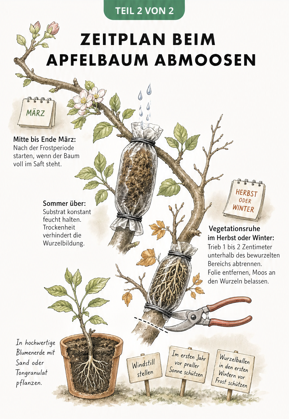 Gezeichneter Zeitplan für das Abmoosen eines Apfelbaums, vom Frühjahr mit Knospen über den Sommer bis zum Abtrennen im Herbst und dem Einpflanzen in einen Topf.