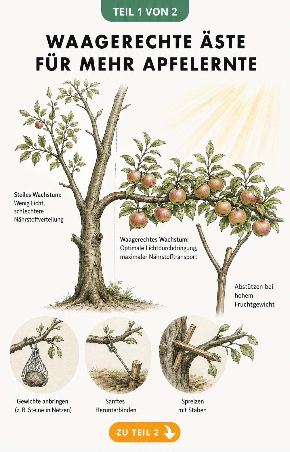 Illustration eines Apfelbaums mit steilen und waagerechten Ästen im Vergleich