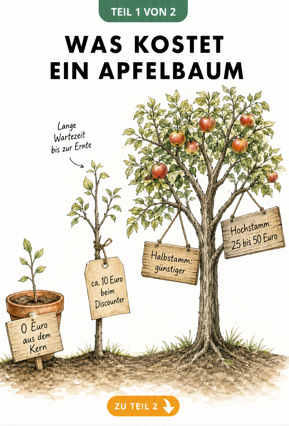 Aquarell-Illustration von drei Apfelbäumen in verschiedenen Wachstumsstadien mit Preisschildern