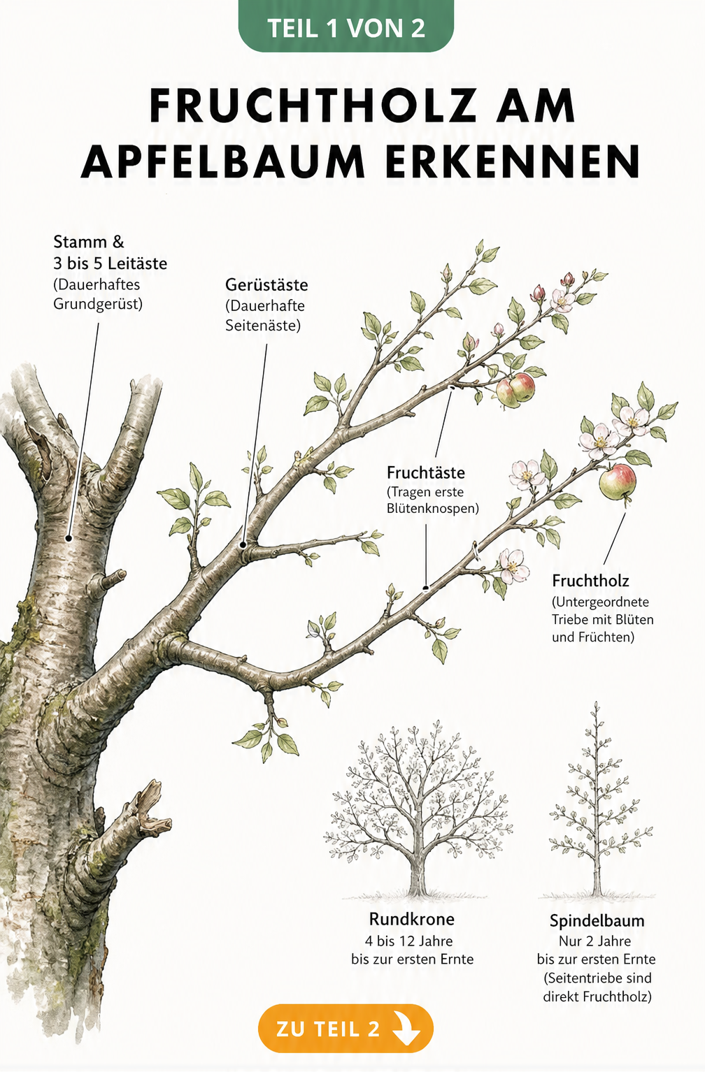 Botanische Illustration eines Apfelbaumastes mit Beschriftung von Stamm, Leitästen, Gerüstästen, Fruchtästen und Fruchtholz