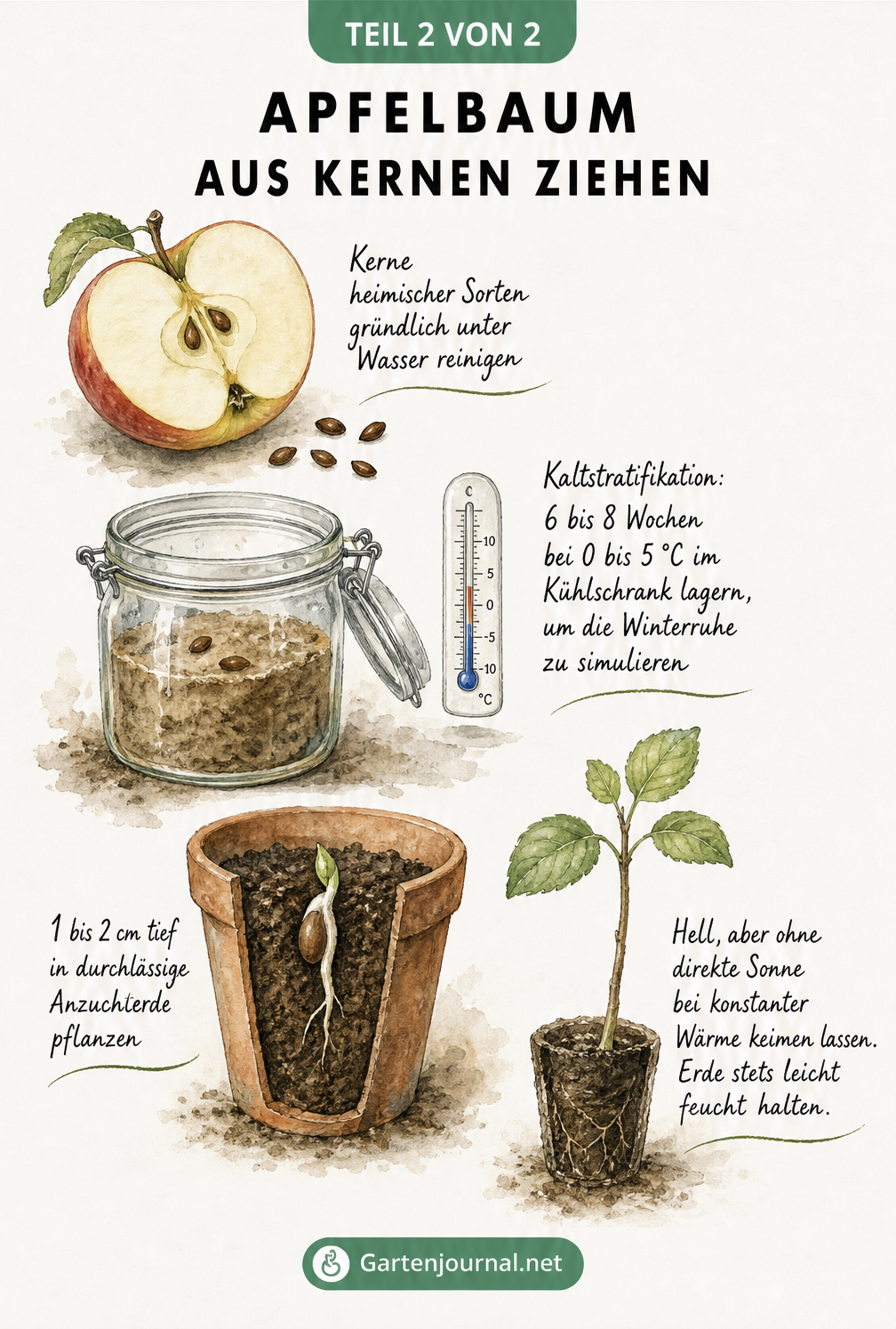 Skizze der Anzucht eines Apfelbaums aus Kernen, von der Kaltstratifikation im Kühlschrank bis zum kleinen Sämling
