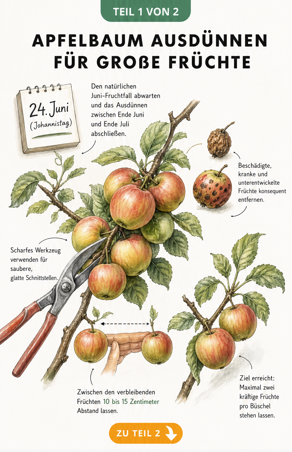 Illustration eines Apfelastes mit Schere, die zeigt, wie man beschädigte Äpfel entfernt und 10 bis 15 cm Abstand lässt.