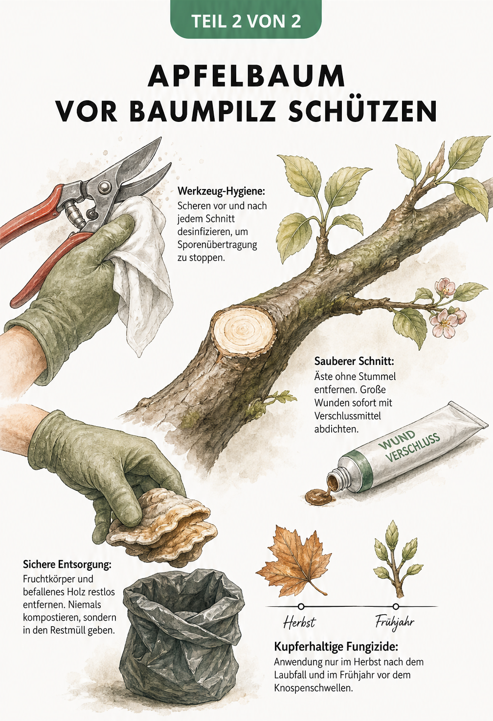 Illustration von Pflegemaßnahmen gegen Baumpilz am Apfelbaum wie Werkzeug-Hygiene und sauberer Schnitt