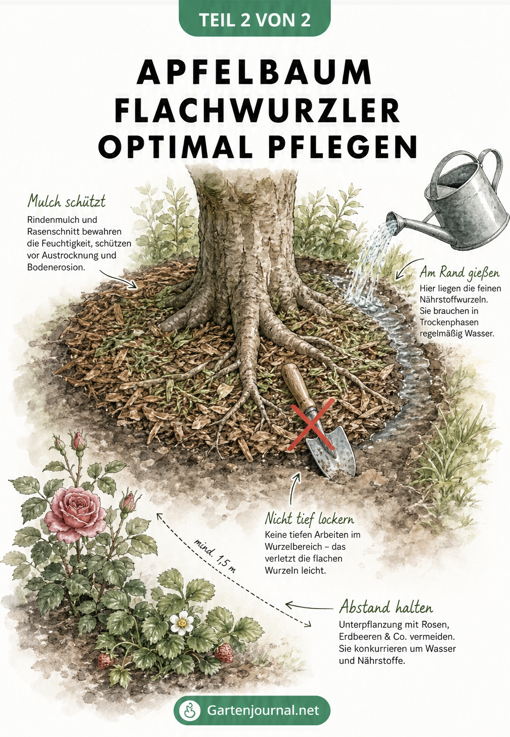 Isometrische Illustration der Baumscheibe eines älteren Apfelbaums mit Rindenmulch, Rasenschnitt und Gießkanne am äußeren Rand.