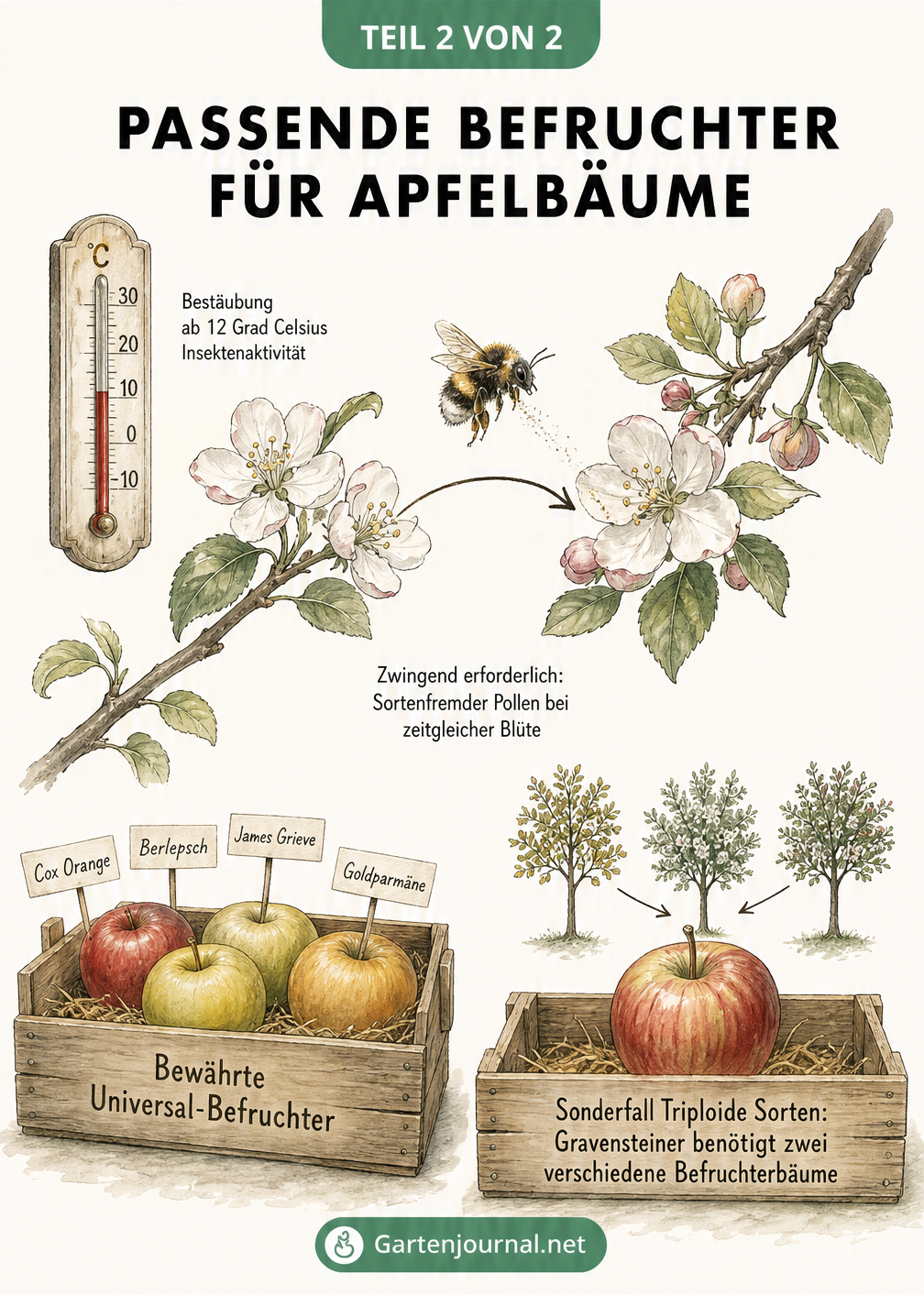 Botanische Zeichnung von Apfelblüten, die die Fremdbestäubung durch eine Hummel sowie bewährte Universal-Befruchter wie Cox Orange zeigt.