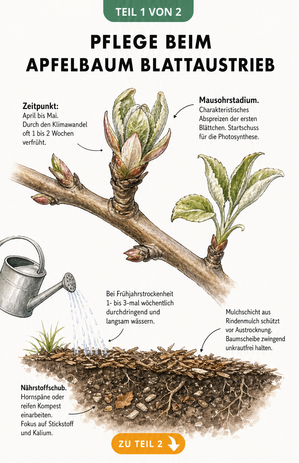 Botanische Illustration eines Apfelbaumzweigs im Mausohrstadium mit Hinweisen zur Pflege und Wässerung