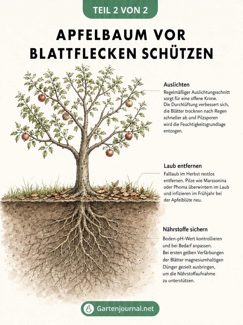 Querschnitt-Illustration eines Apfelbaums, die Maßnahmen wie Auslichtungsschnitt, Entfernen von Falllaub und Bodenpflege zeigt.