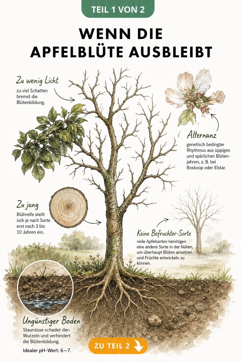 Illustration eines Apfelbaums im Querschnitt mit Wurzeln, Stamm und Krone, die Ursachen für fehlende Blüten wie Staunässe, Alter, Lichtmangel und Alternanz...