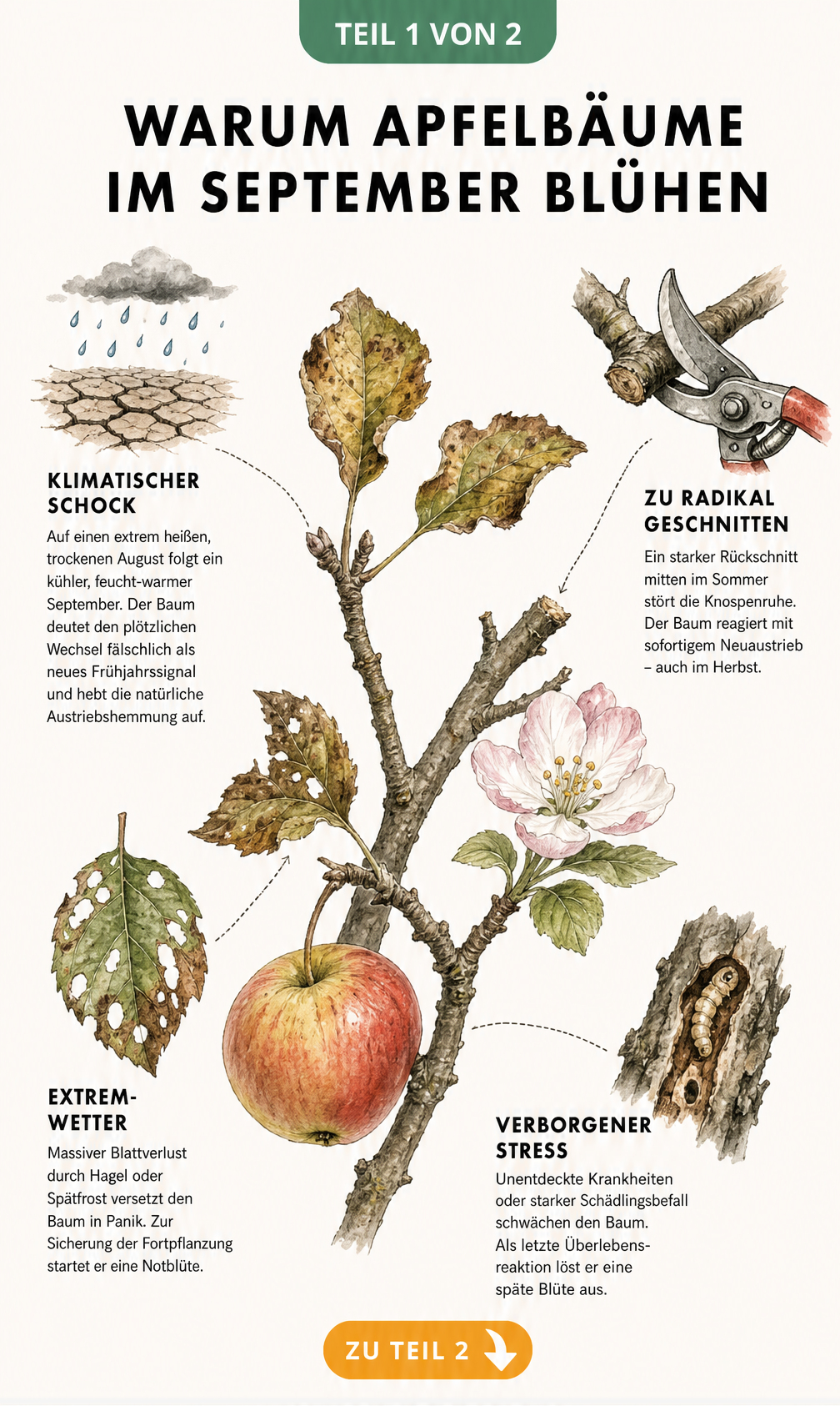 Illustration eines Apfelbaumzweigs mit welken Blättern, reifer Frucht und neuer Blüte, die Ursachen für späte Blüte zeigt
