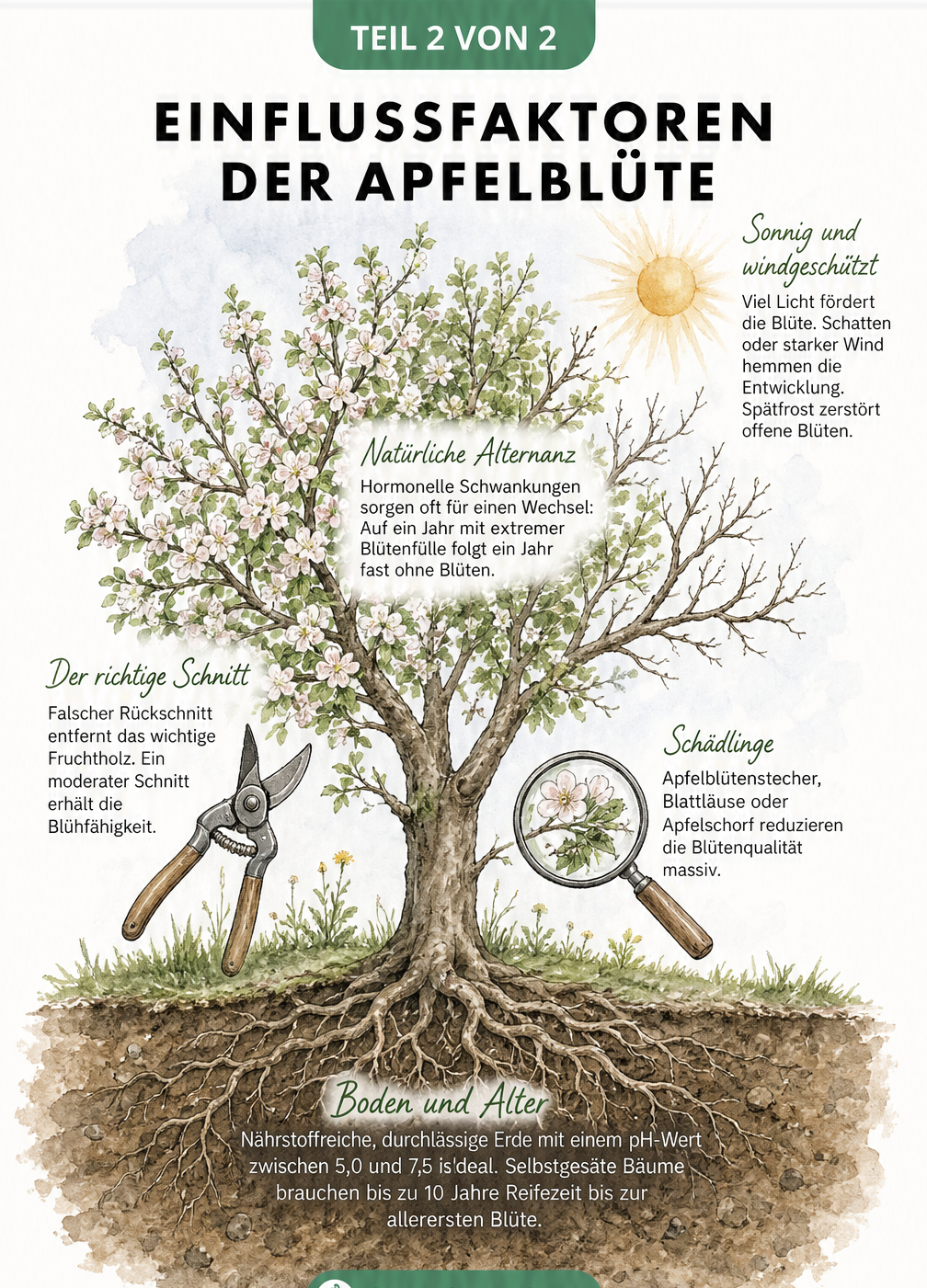 Illustration eines Apfelbaums mit Einflussfaktoren wie Sonne, Schnitt, Schädlingen und Boden auf die Blütenbildung
