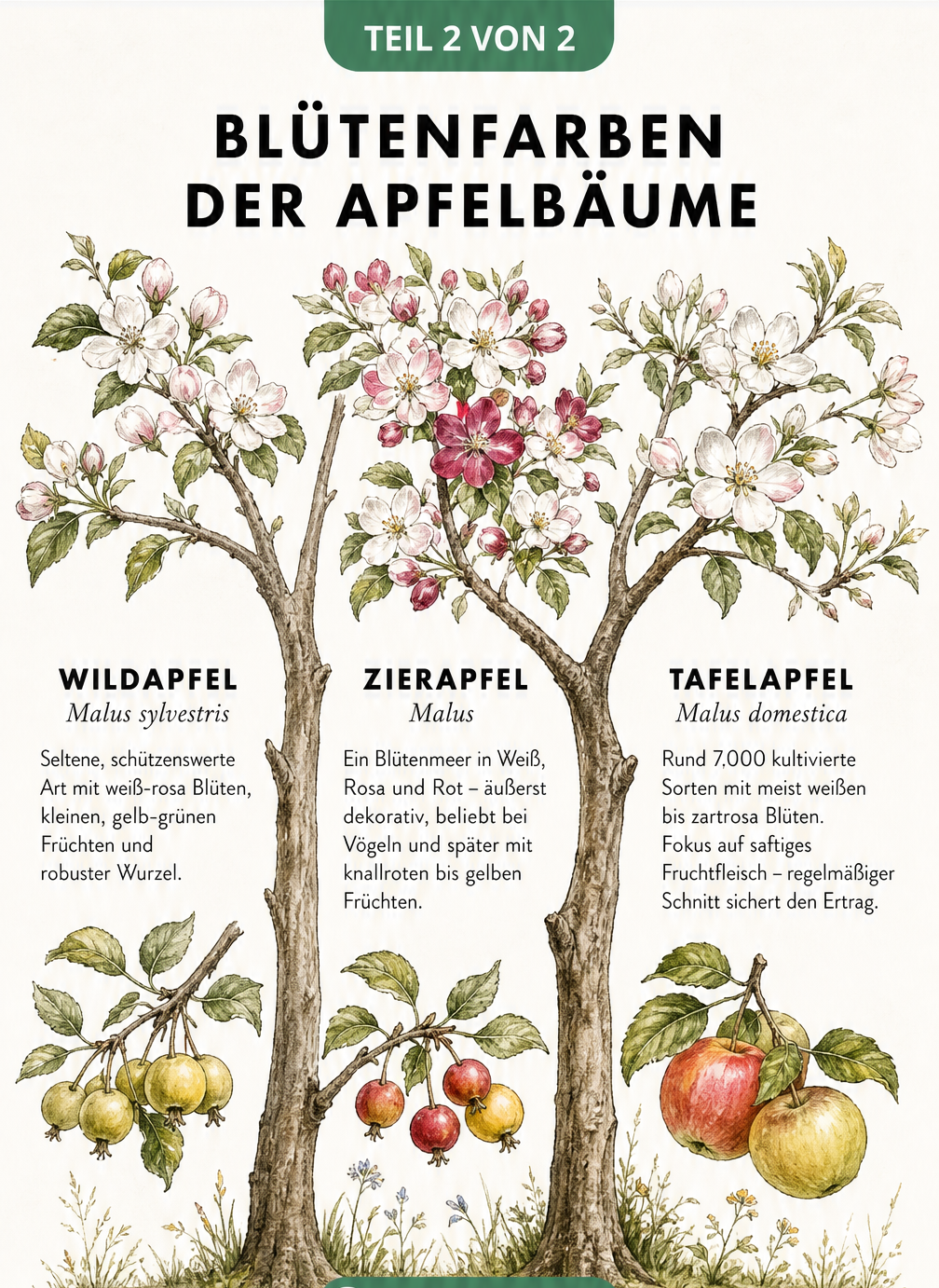 Illustration von drei Apfelbaum-Typen: Wildapfel mit weiß-rosa Blüten, Zierapfel mit weißen, rosa und roten Blüten sowie Tafelapfel mit großen weißen bis...