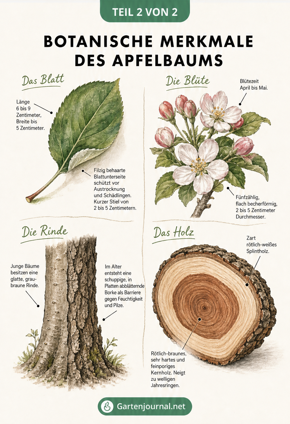 Botanische Details des Apfelbaums: Blatt, Blüte, Rinde und Holz im Detail