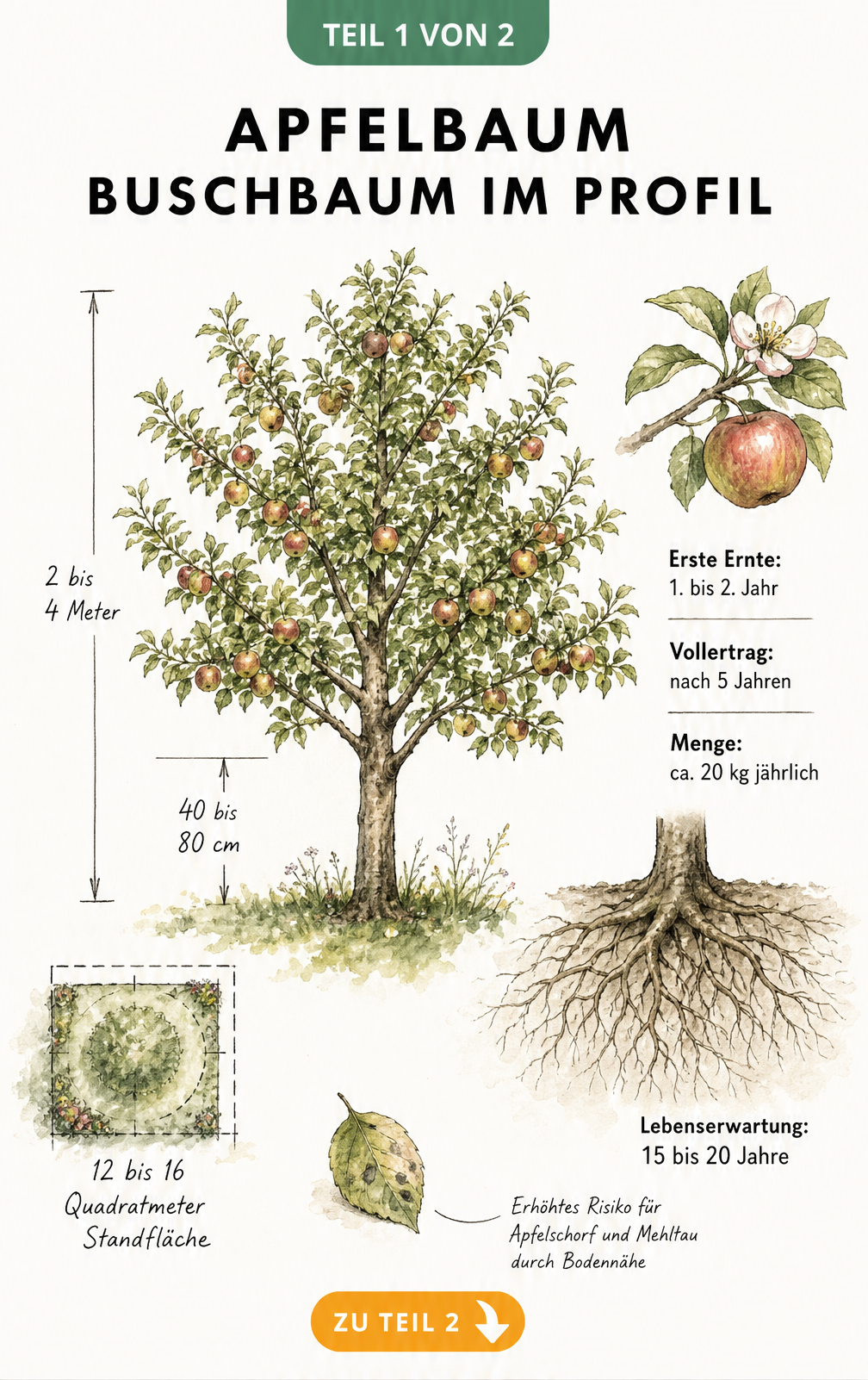 Botanische Illustration eines Apfelbaum Buschbaums mit Maßangaben zu Höhe, Stamm und Platzbedarf sowie Fakten zu Ertrag und Lebenszyklus.